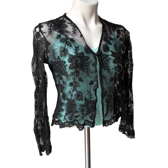 Lisbeth Black Mesh Single Button Floral Embellished Sheer Cardigan - Picture 4 of 14